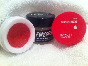Lush popcorn Scrub and Korres Lip butter in Quince